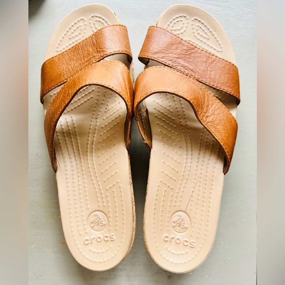 CROCS Tan Brown Leather Crossover Slide Sandals